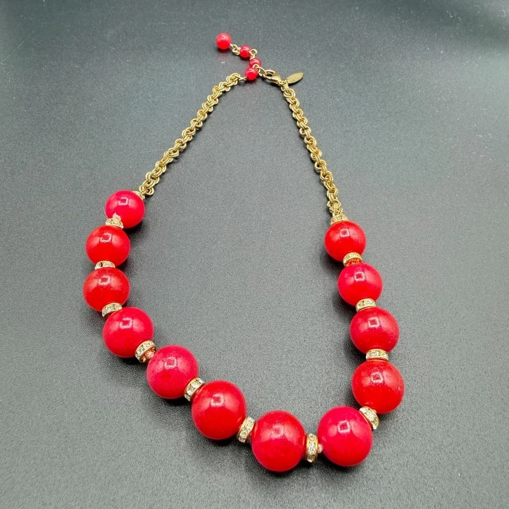 Red Bead Statement Necklace Gold Tone Chain Rhinestone Spacers Chunky Jewelry